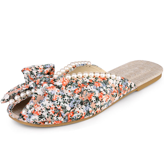 Sandalias planas con punta abierta y estampado floral para mujer, con perlas, estilo mules