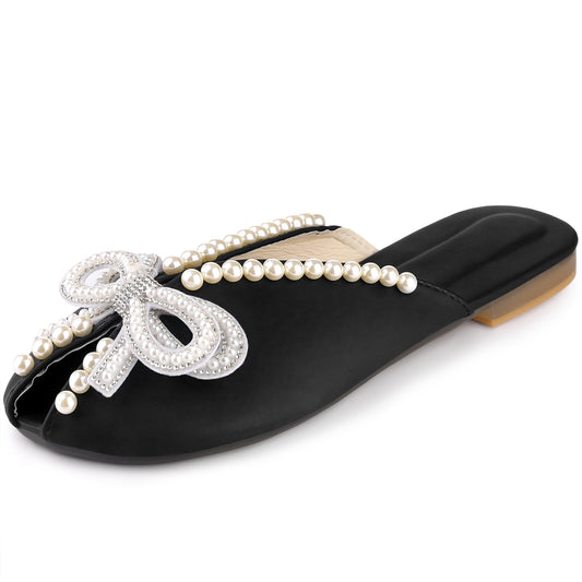 Women Floral Printed Peep Toe Slip On Pearl Flat Shoes Slides Mules