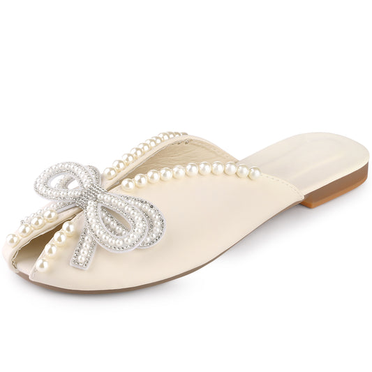 Women Floral Printed Peep Toe Slip On Pearl Flat Shoes Slides Mules