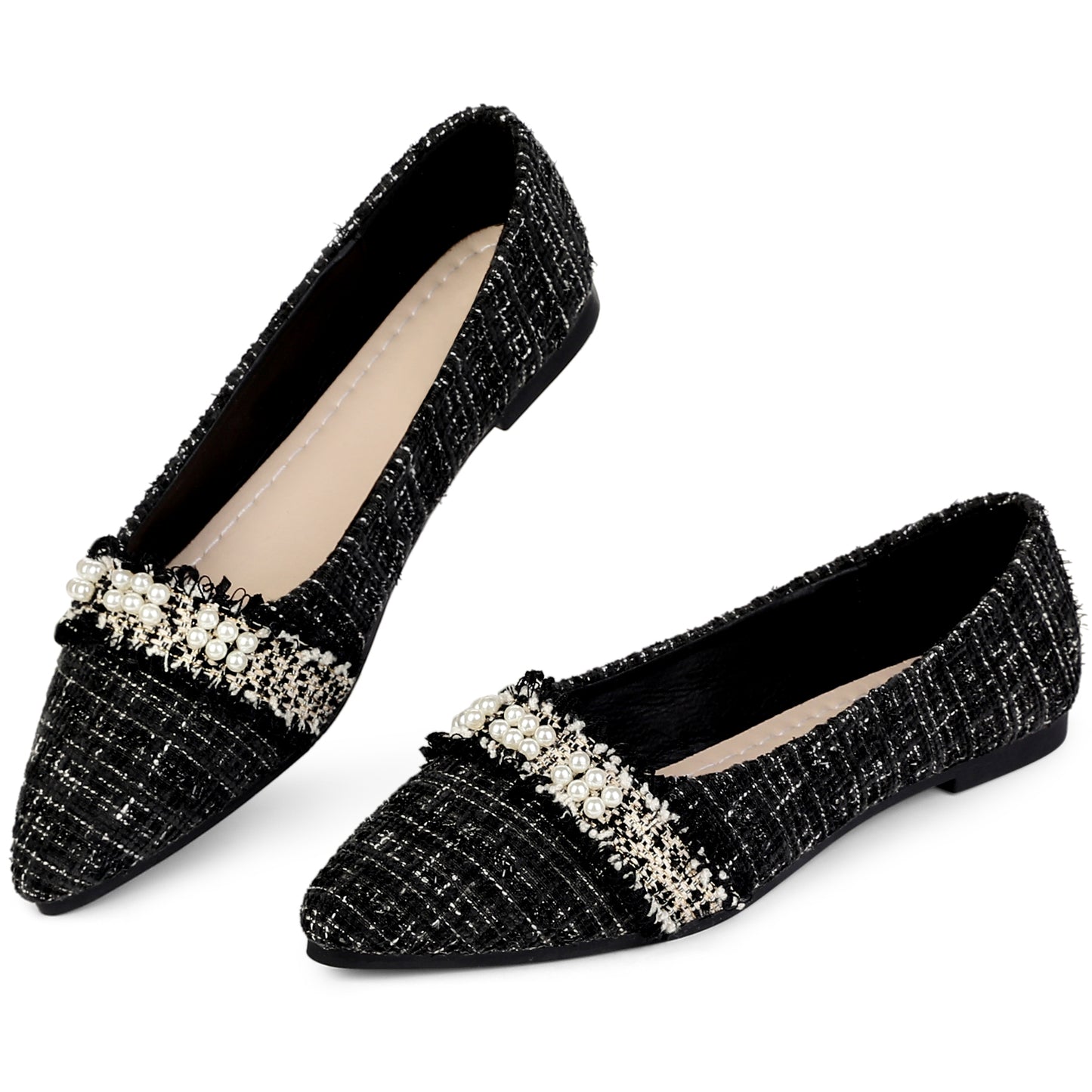 Bailarinas de tweed con punta puntiaguda y decoración de perlas para mujer