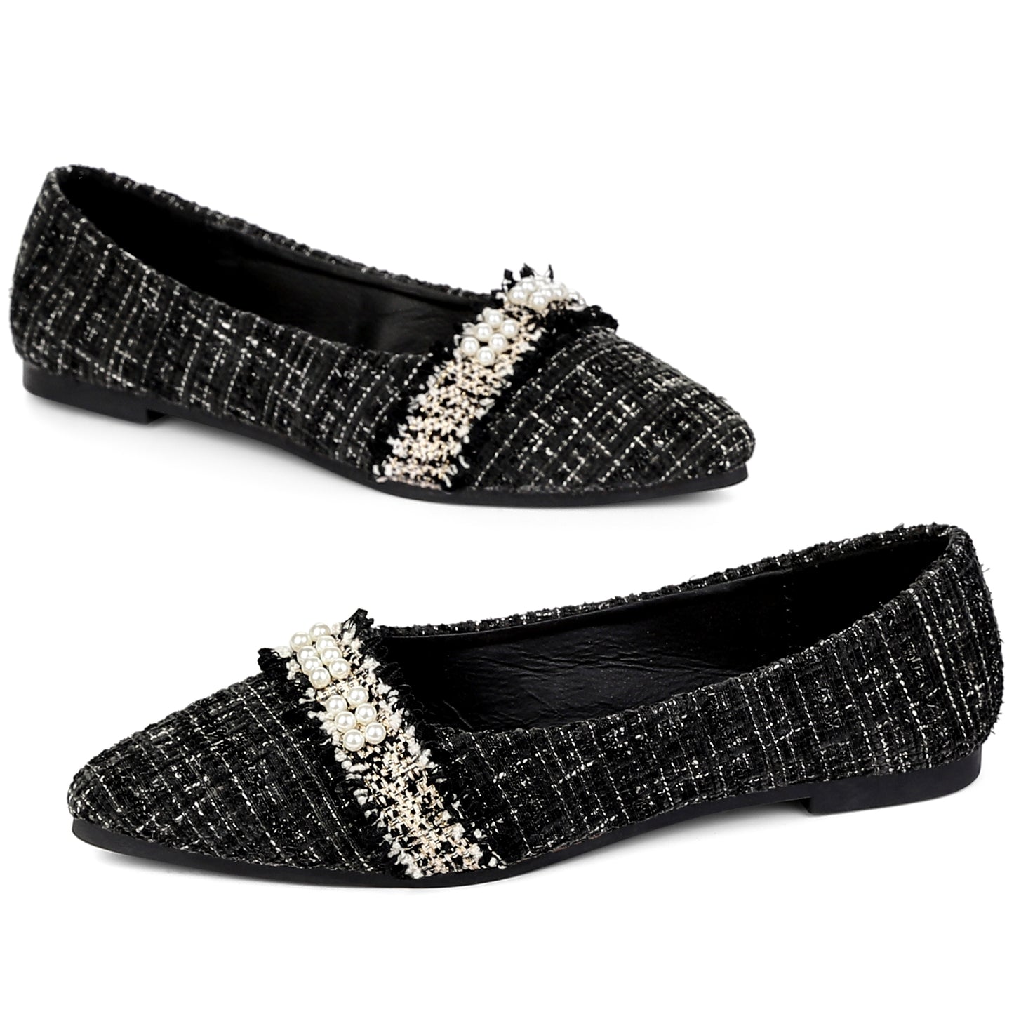 Bailarinas de tweed con punta puntiaguda y decoración de perlas para mujer