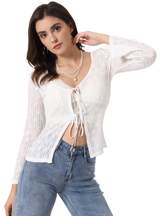 Women's Tie Front Bell Long Sleeve Bolero Cardigan Lace Shrug Top