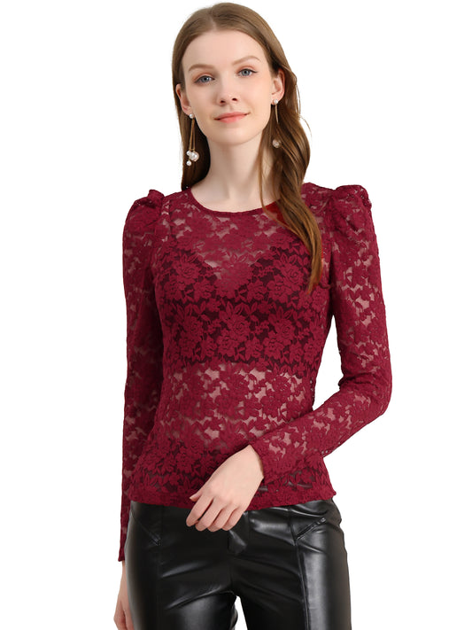 Women's Lace Embroidery Semi Sheer Vintage Puff Sleeve Top