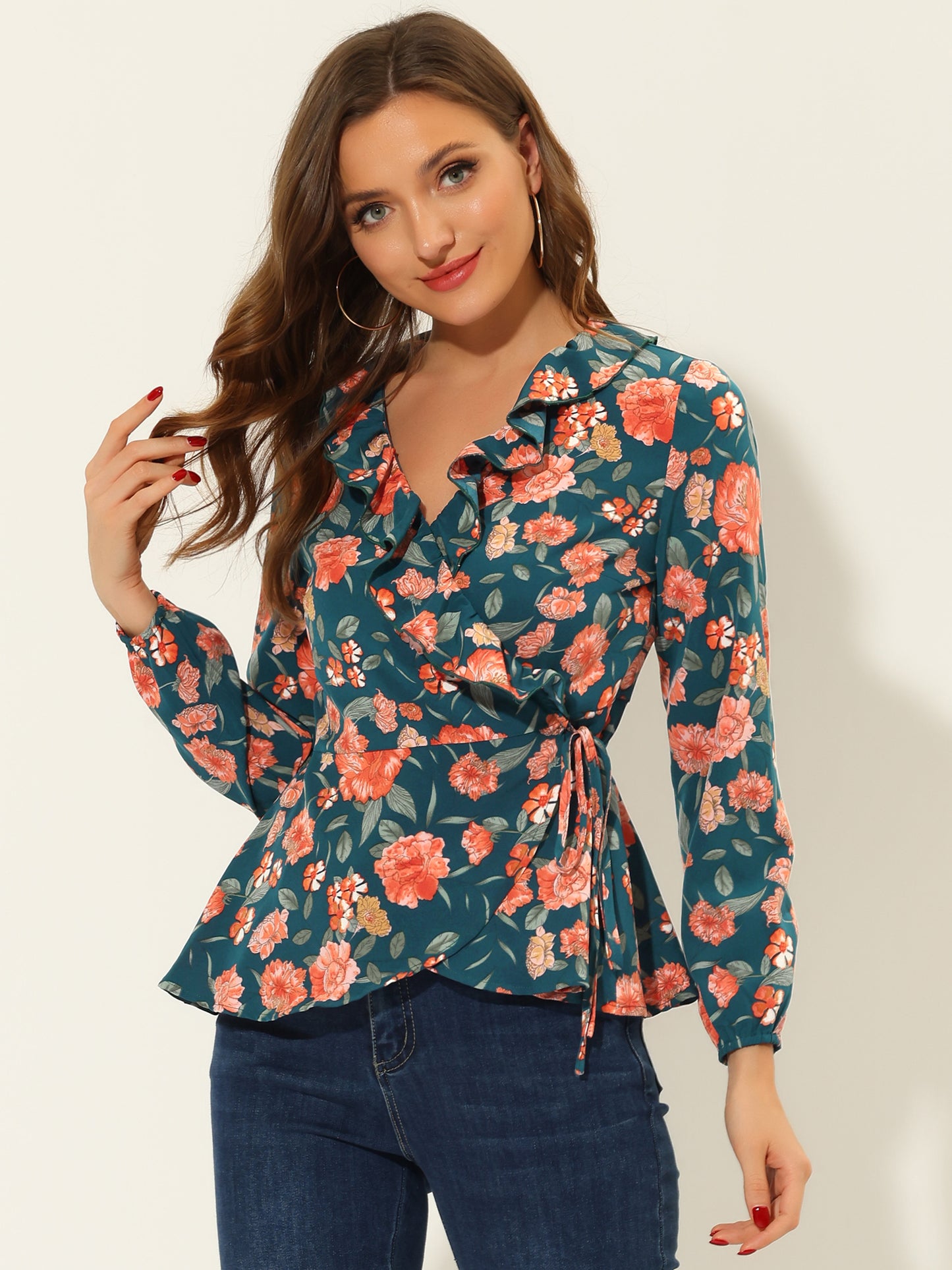 Women's Floral V Neck Wrap Top Long Sleeve Tie Waist Ruffle Peplum Blouse