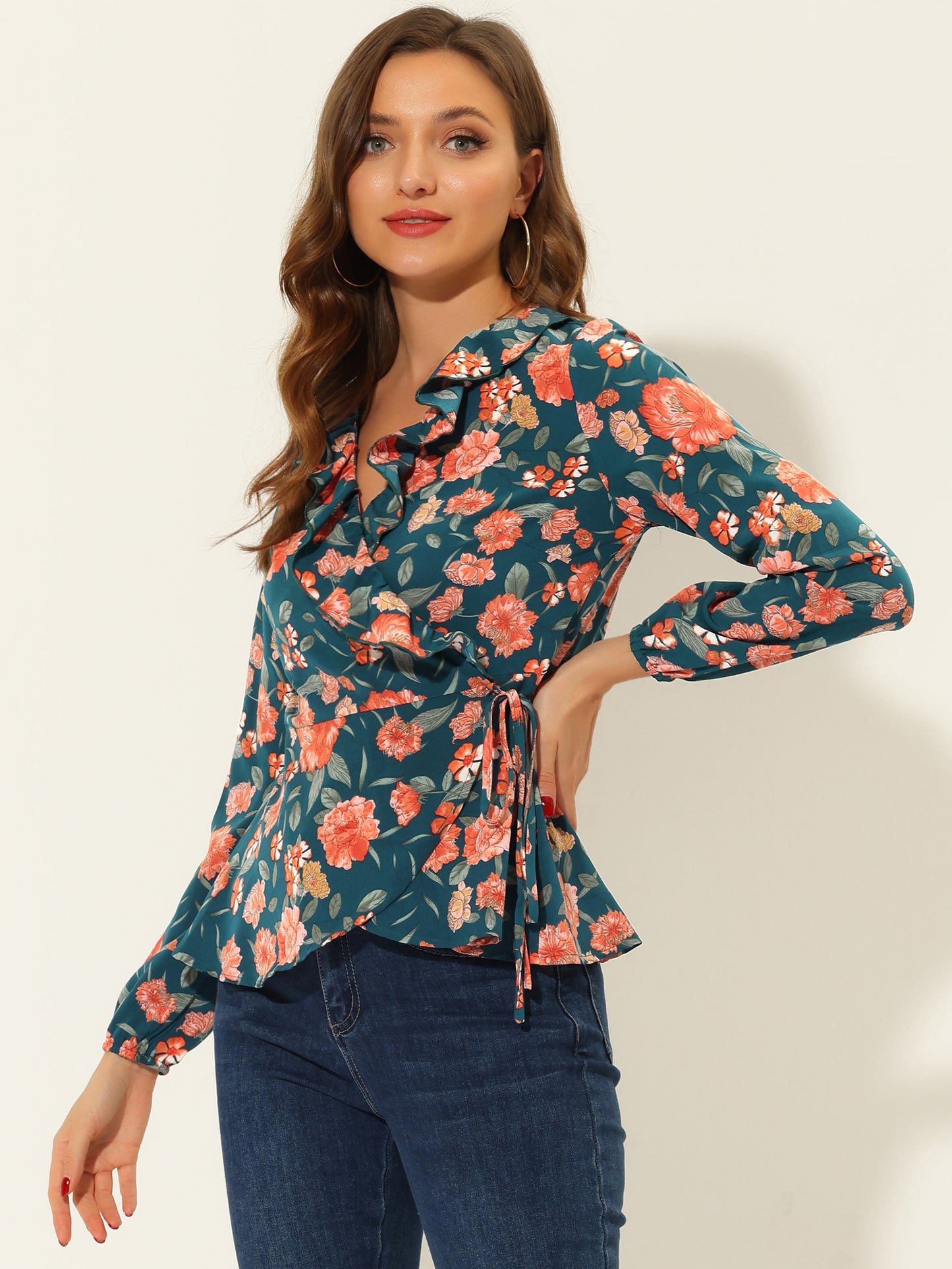 Women's Floral V Neck Wrap Top Long Sleeve Tie Waist Ruffle Peplum Blouse