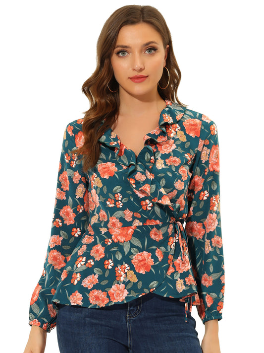 Women's Floral V Neck Wrap Top Long Sleeve Tie Waist Ruffle Peplum Blouse