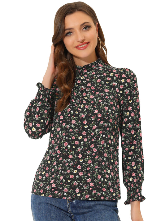 Women's Printed Ruffled Mock Neck Puff Long Sleeve Blouse Top