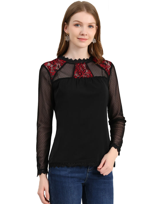 Women's Chiffon Top Elegant Sheer Mesh Lace Long Sleeve Blouse
