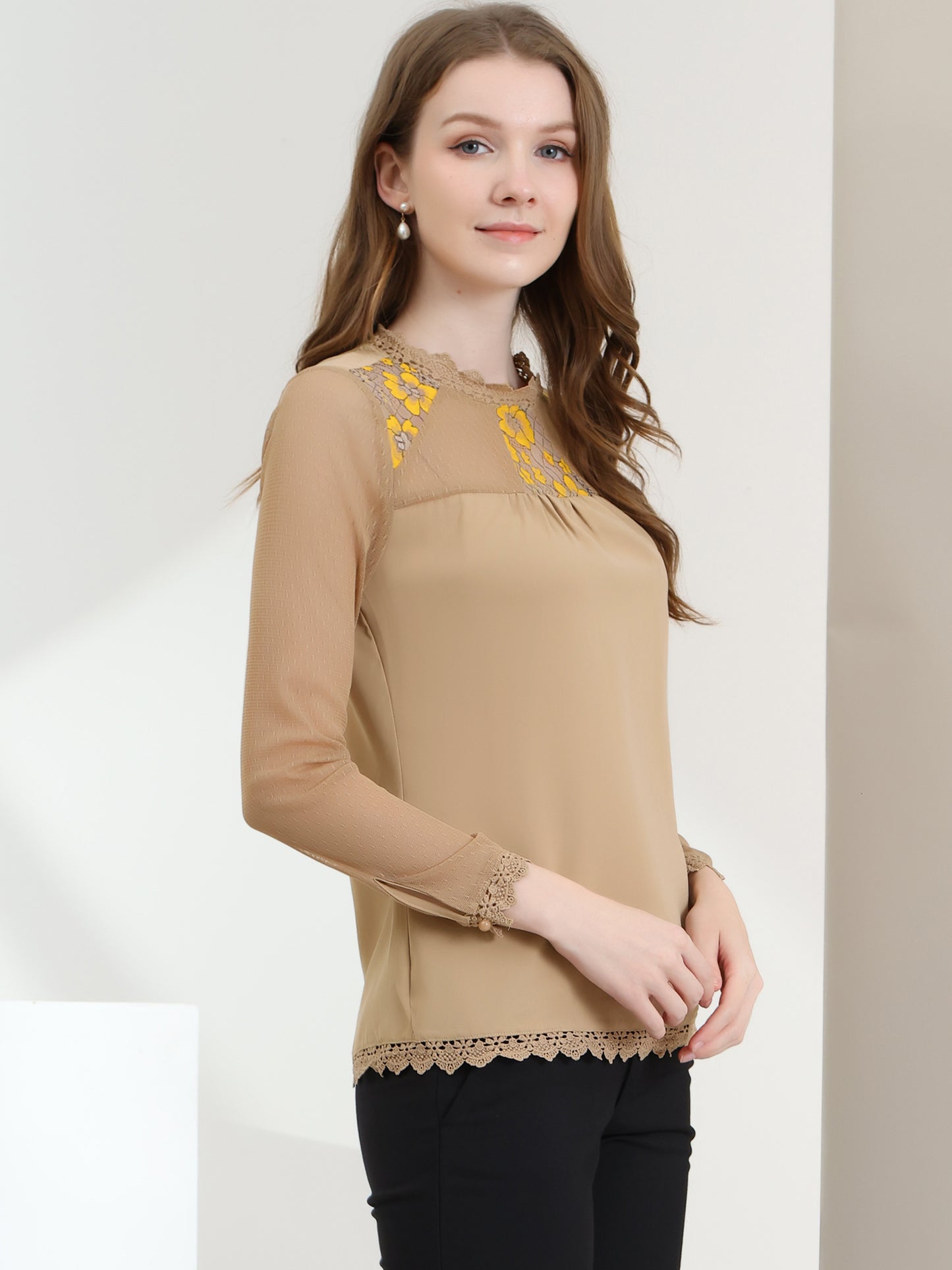Women's Chiffon Top Elegant Sheer Mesh Lace Long Sleeve Blouse