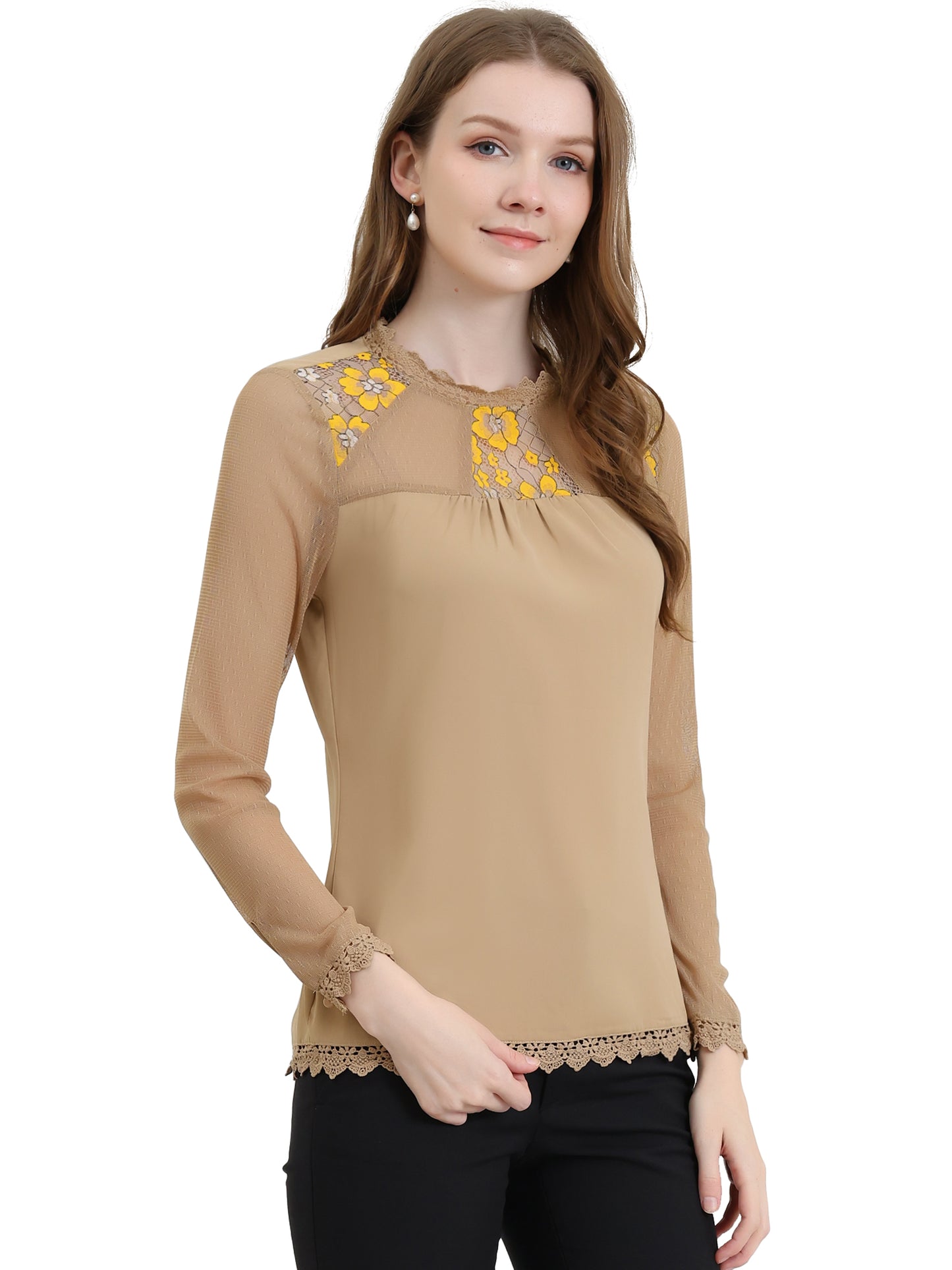 Women's Chiffon Top Elegant Sheer Mesh Lace Long Sleeve Blouse