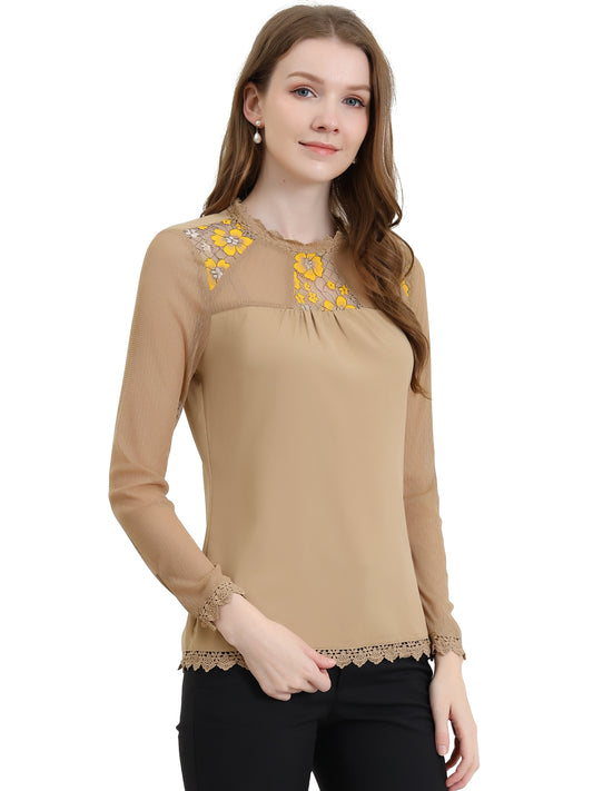 Women's Chiffon Top Elegant Sheer Mesh Lace Long Sleeve Blouse