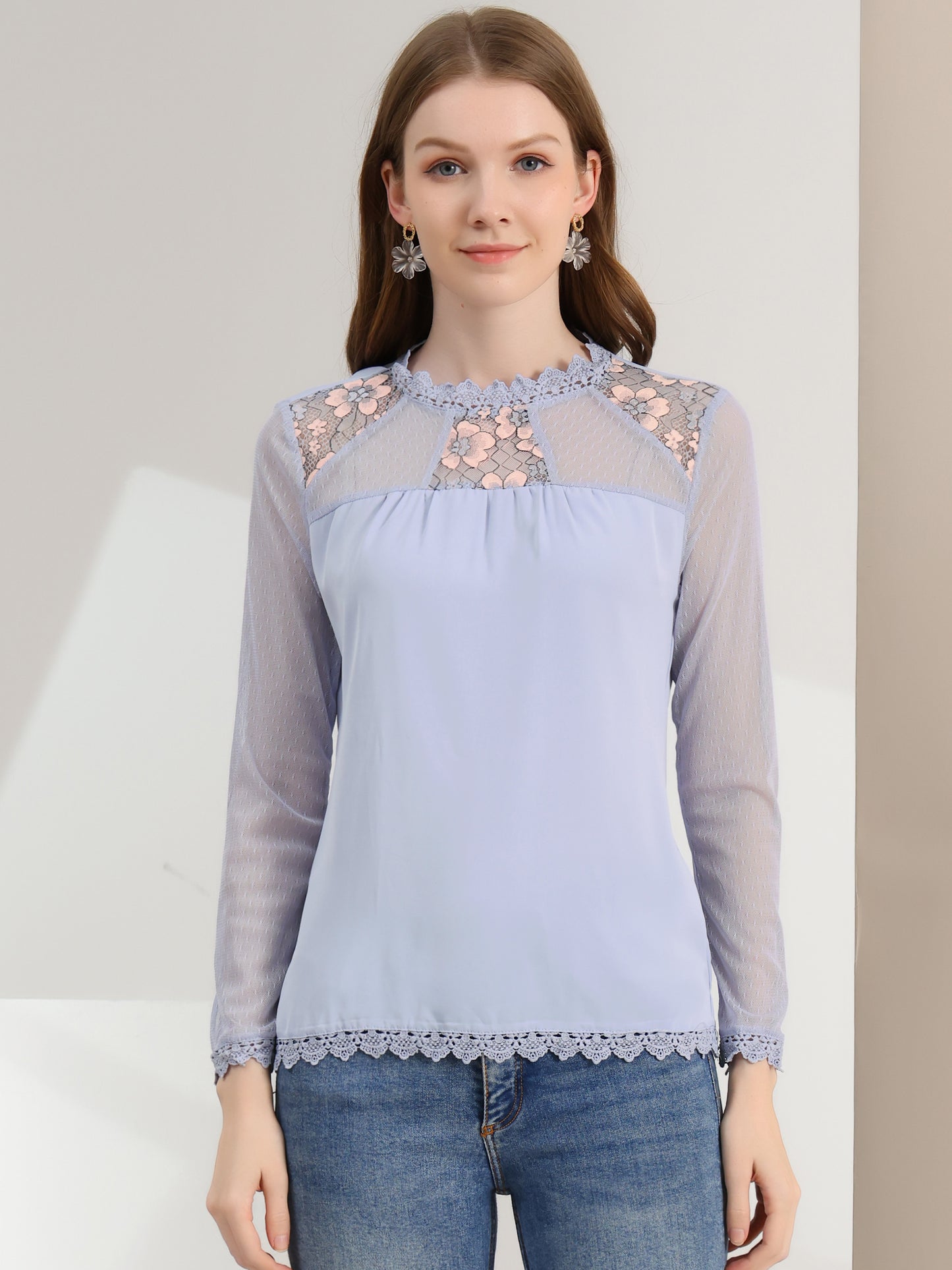 Women's Chiffon Top Elegant Sheer Mesh Lace Long Sleeve Blouse