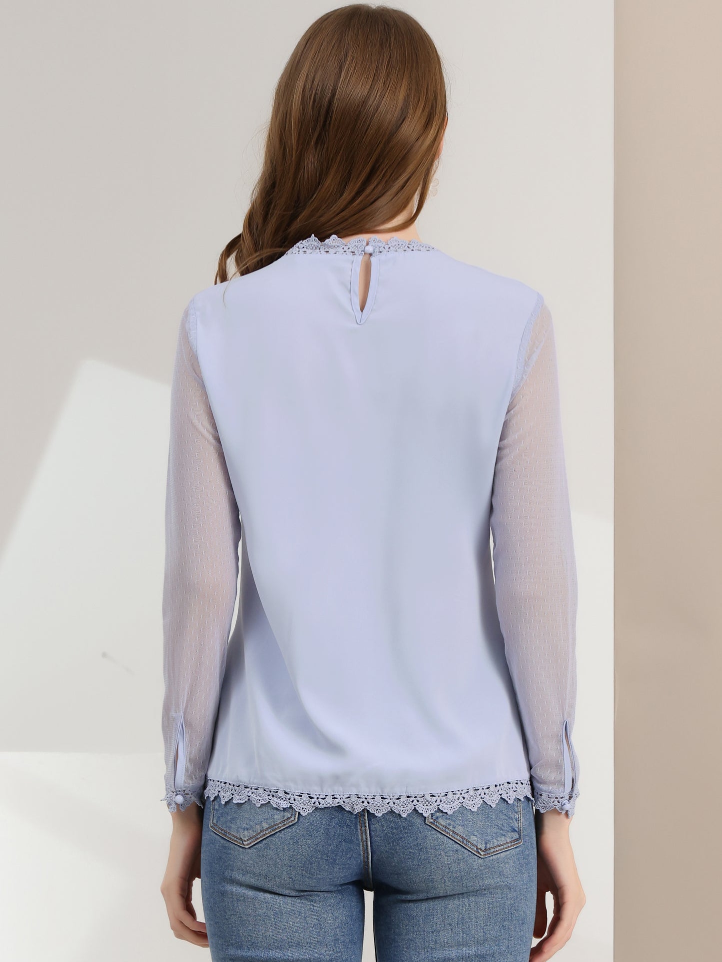 Women's Chiffon Top Elegant Sheer Mesh Lace Long Sleeve Blouse