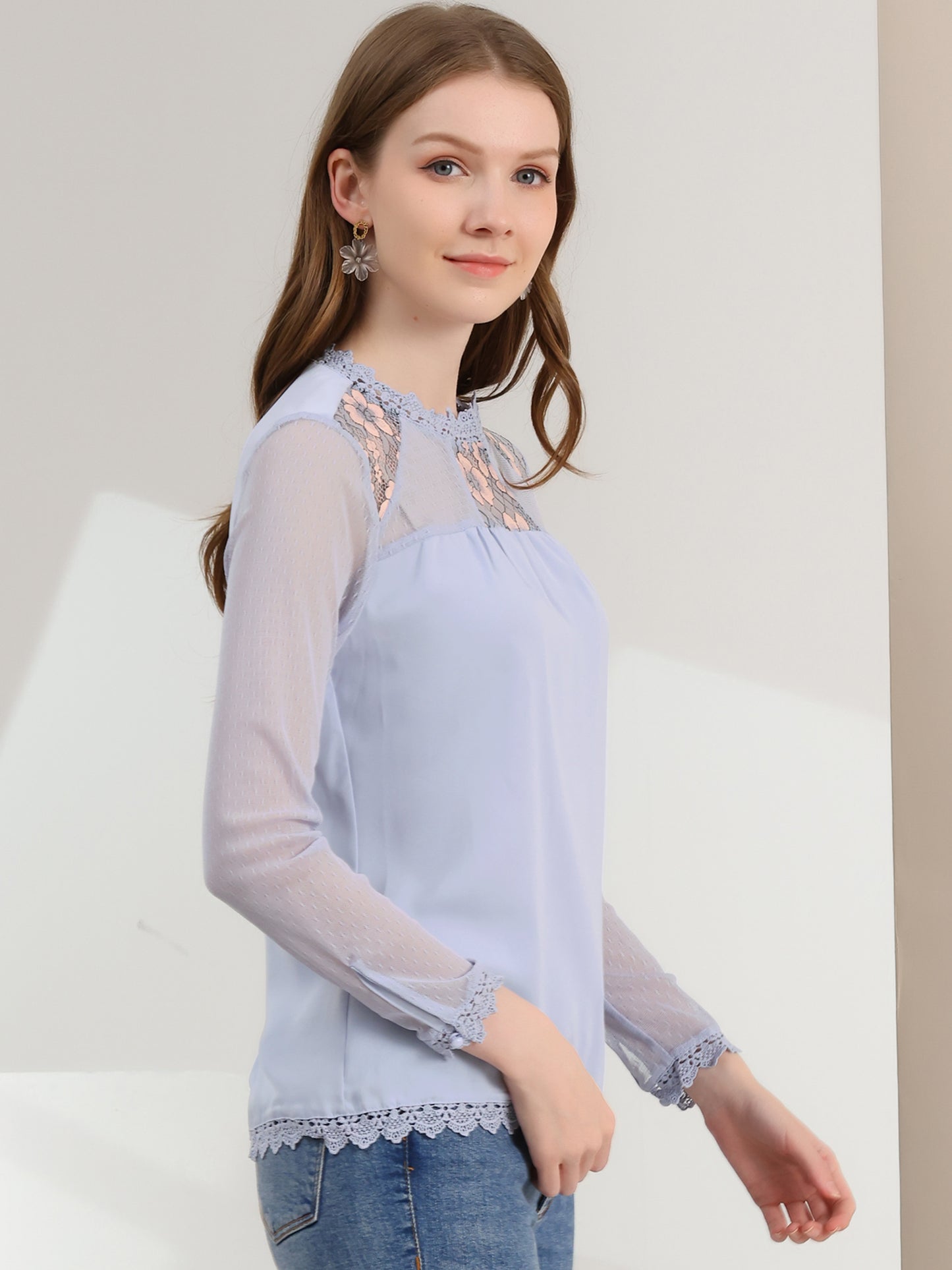 Women's Chiffon Top Elegant Sheer Mesh Lace Long Sleeve Blouse