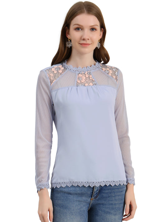 Women's Chiffon Top Elegant Sheer Mesh Lace Long Sleeve Blouse
