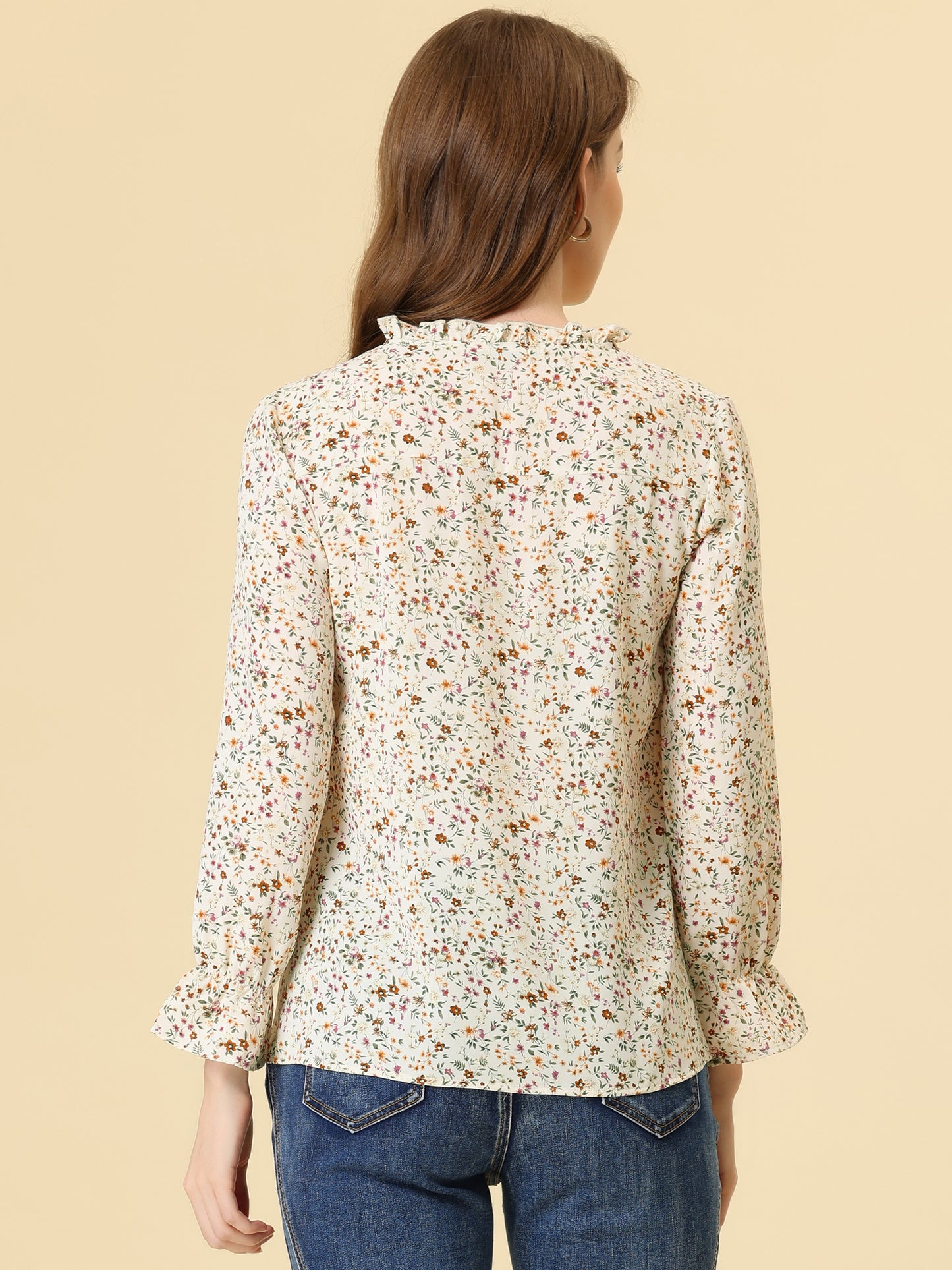 Women's Floral Bow Tie Neck Button Up Ruffled Collar Casual Blouse