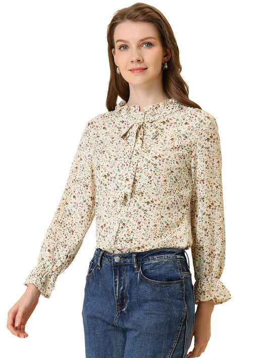 Women's Floral Bow Tie Neck Button Up Ruffled Collar Casual Blouse