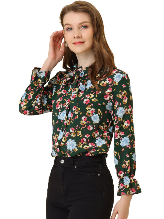 Blusa informal con cuello fruncido y botones con lazo floral para mujer