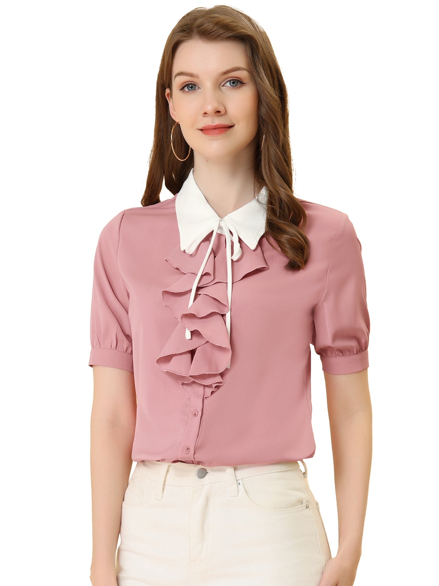 Women's Ruffle Shirts Contrast Collar Button Down Short Sleeve Work Blouse