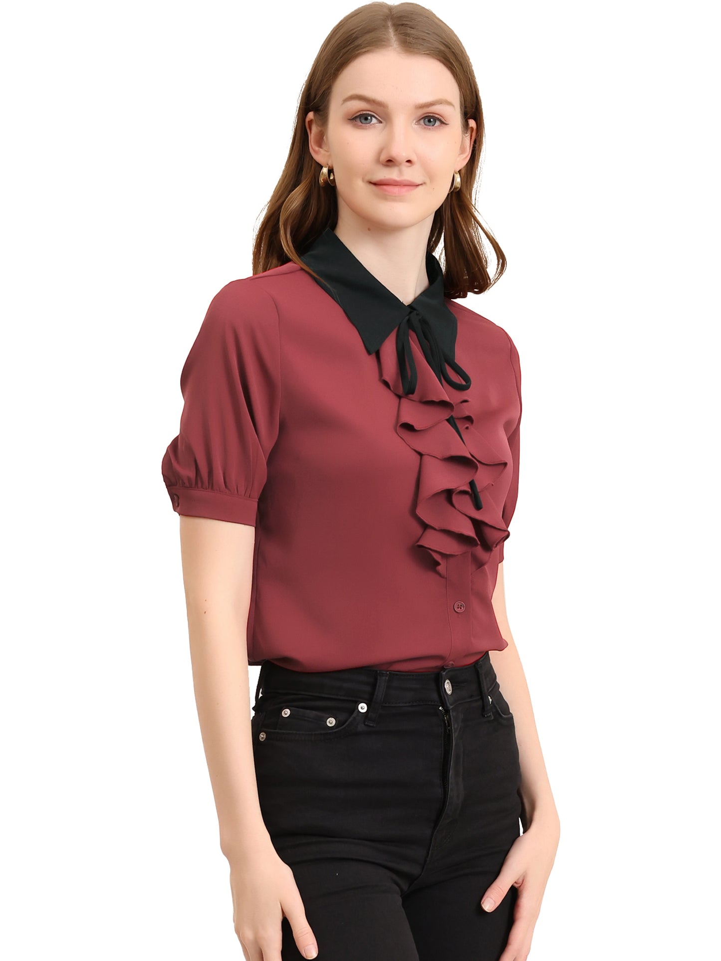 Women's Ruffle Shirts Contrast Collar Button Down Short Sleeve Work Blouse