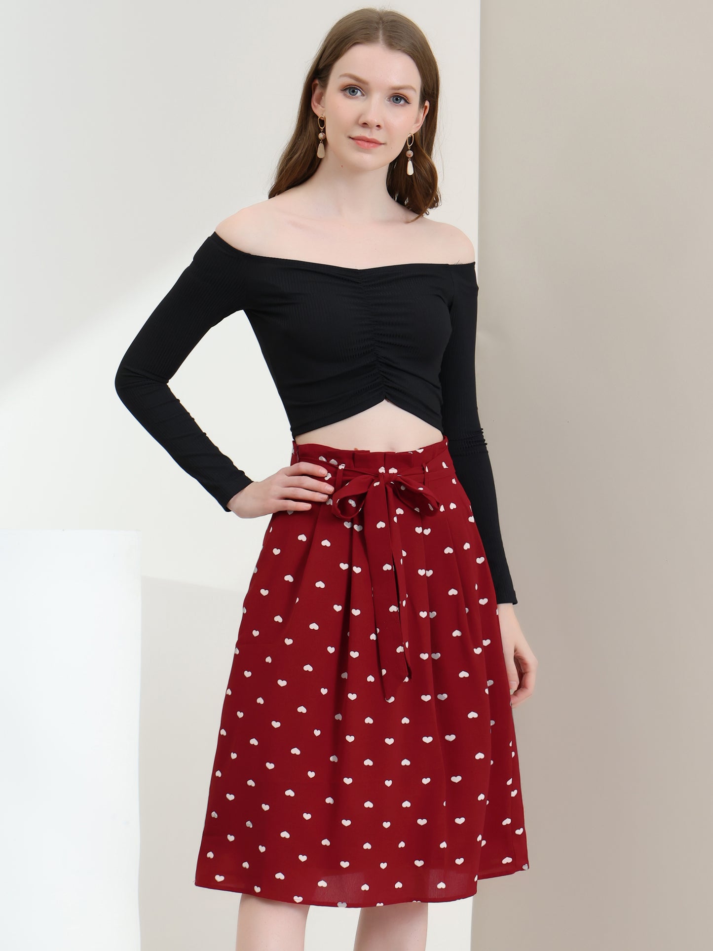 Falda midi estampada de cintura alta elástica con cinturón retro para mujer