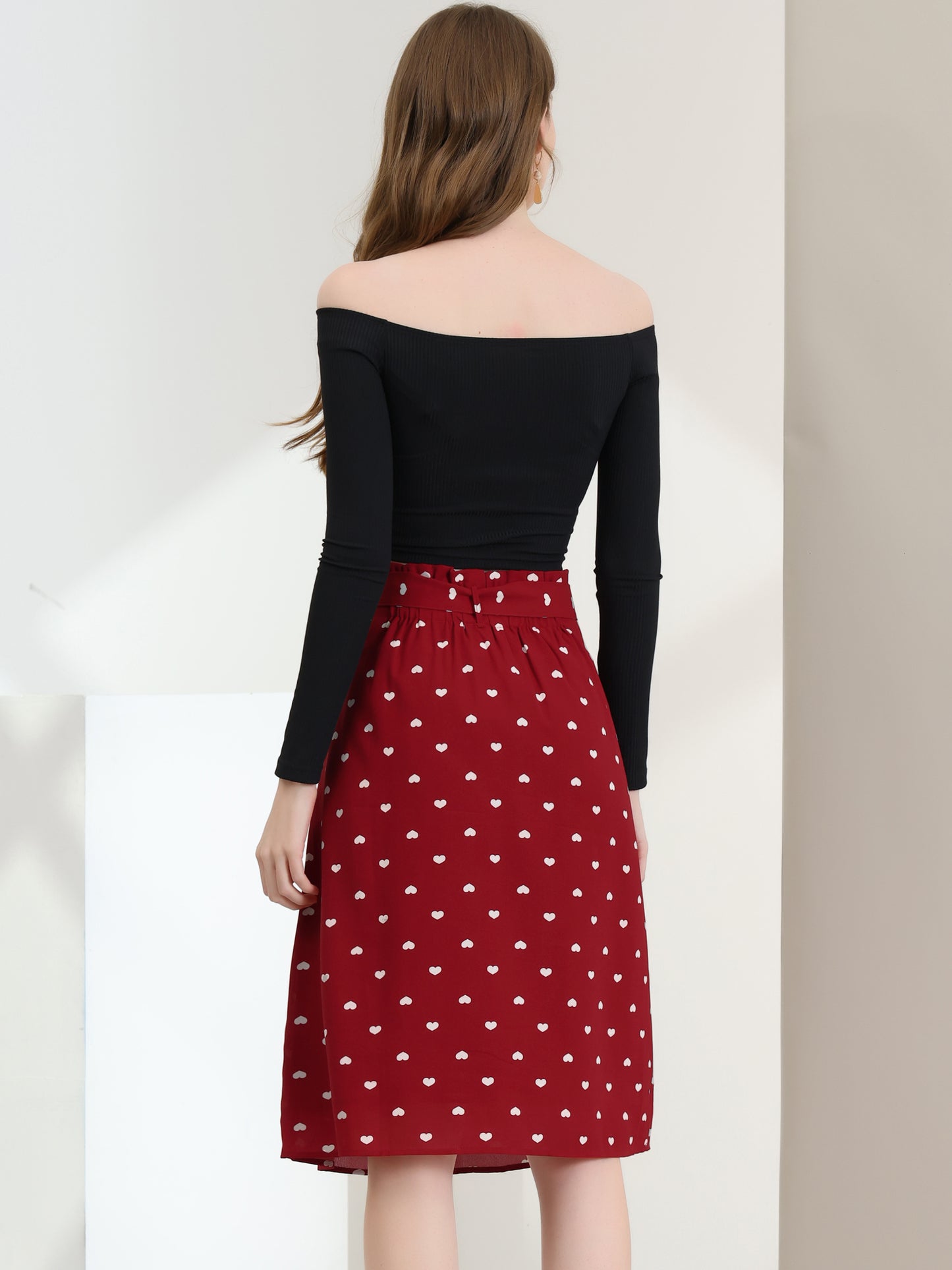 Falda midi estampada de cintura alta elástica con cinturón retro para mujer