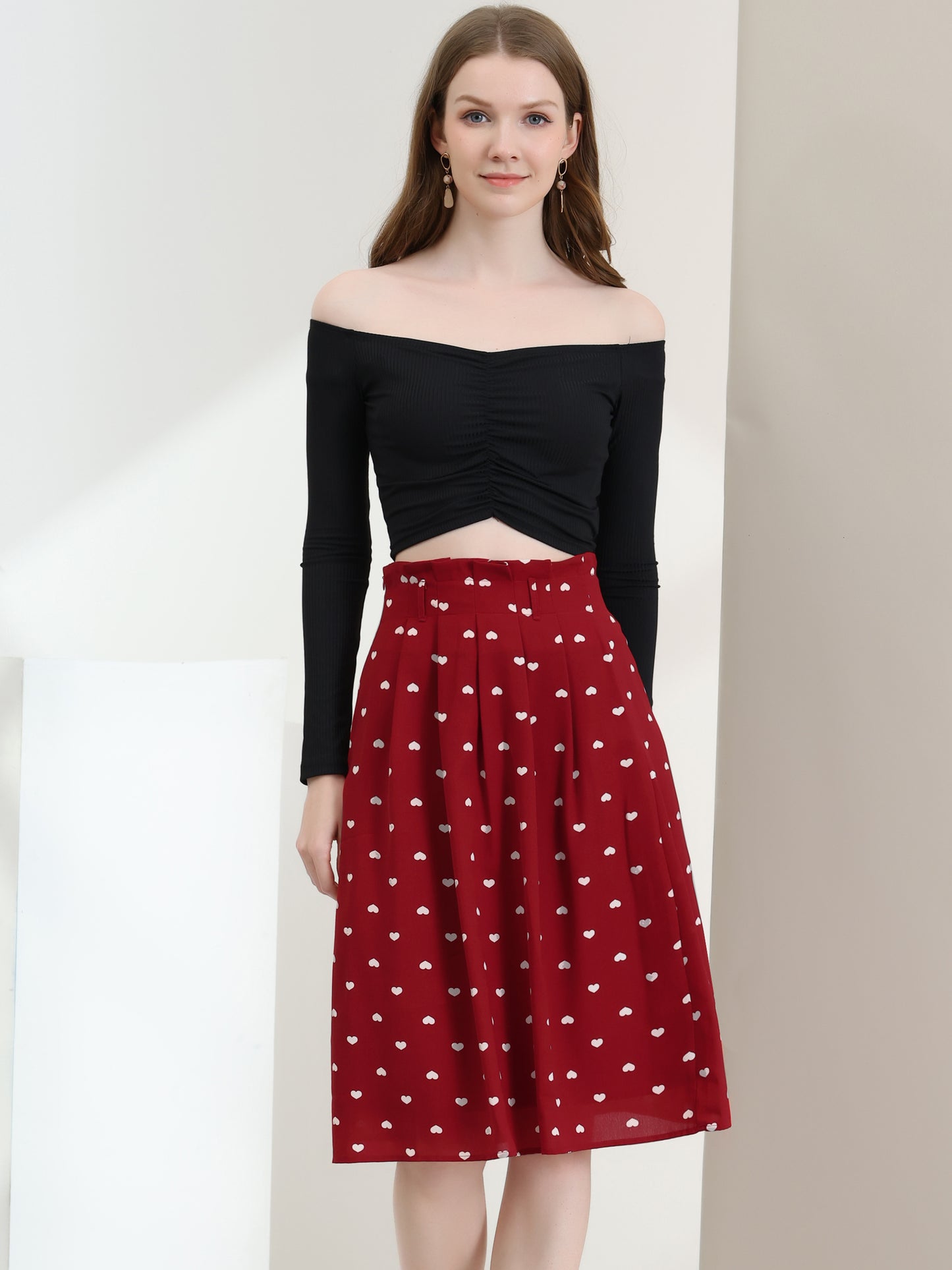 Falda midi estampada de cintura alta elástica con cinturón retro para mujer