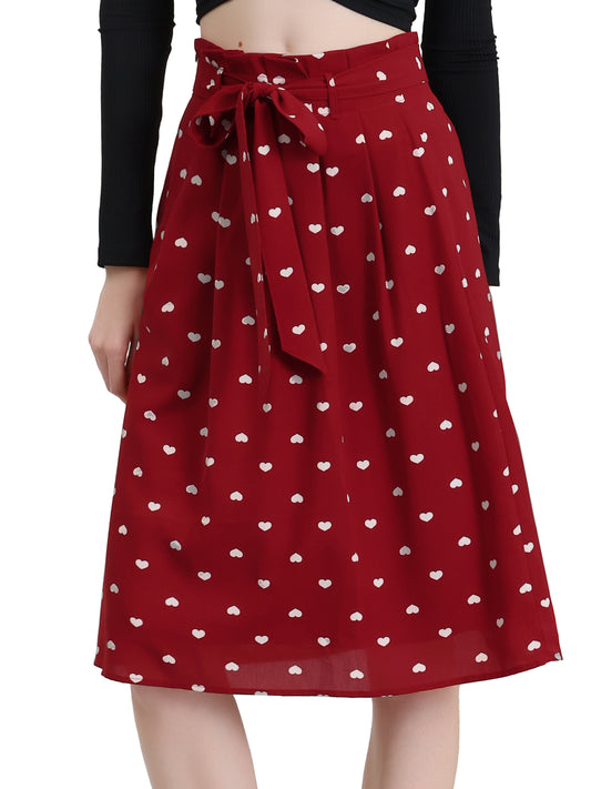 Falda midi estampada de cintura alta elástica con cinturón retro para mujer