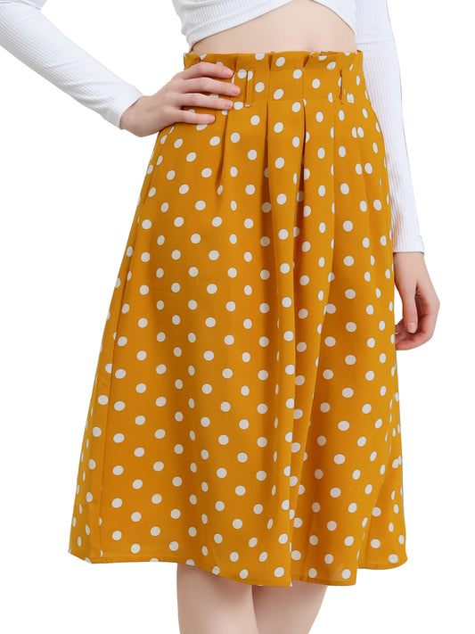 Women's Retro Belted Elastic High Waist A-Line Printed Midi Skirt