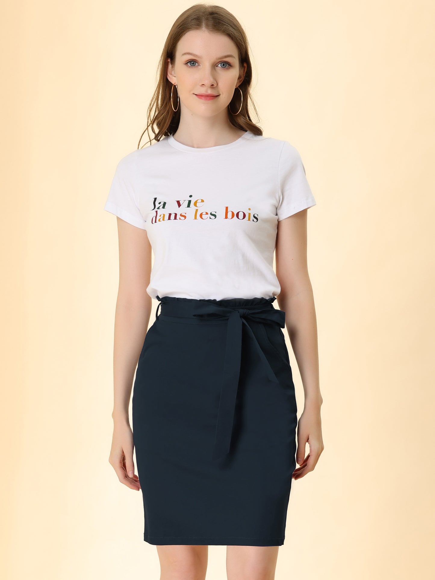 Women's Workwear Paperbag Elastic Waist  Side Pockets Cotton Pencil Skirt