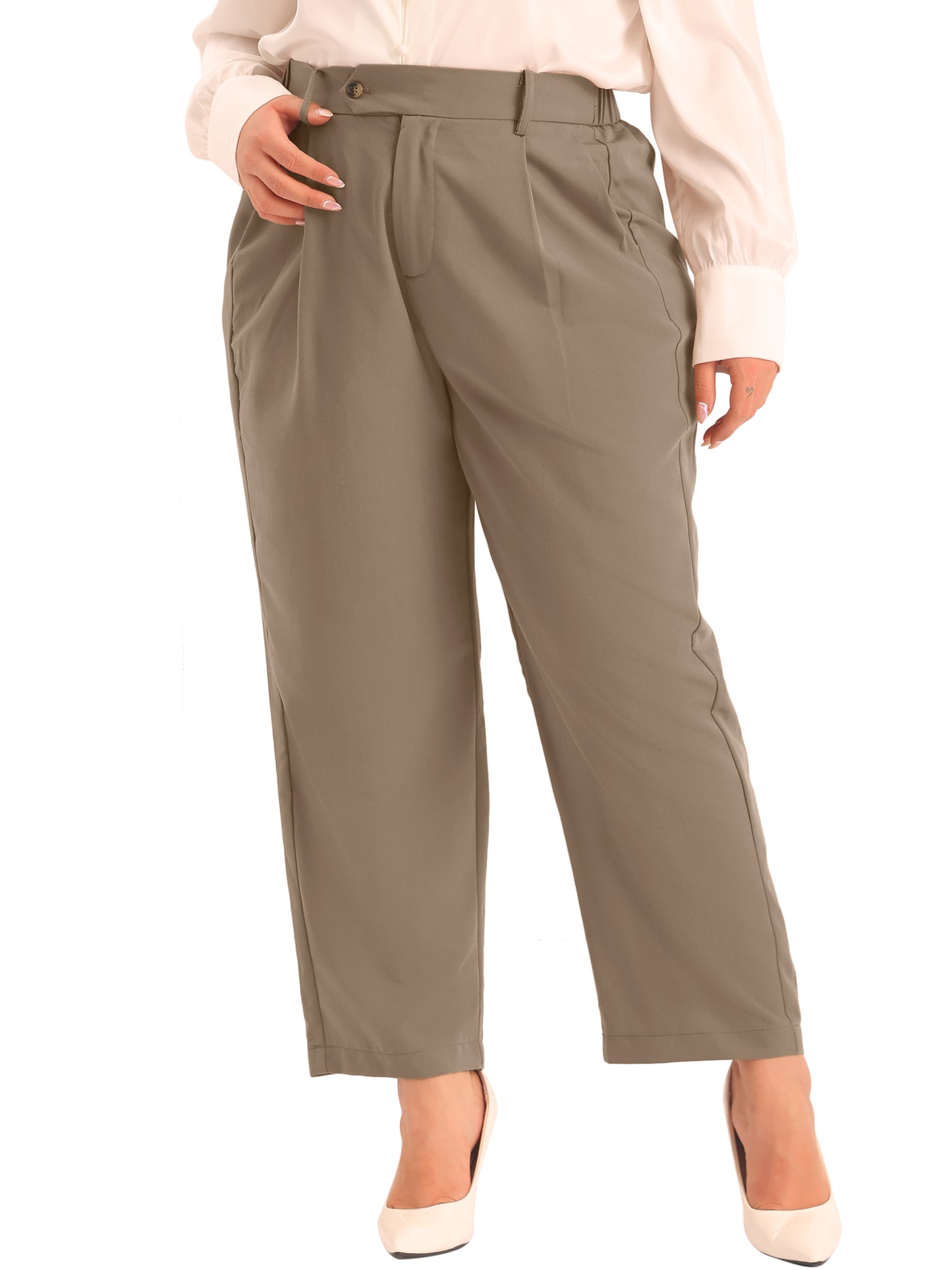 Women Plus Size Pants Elastic High Waisted Long Straight Business Casual Work Pants Trousers with Pockets