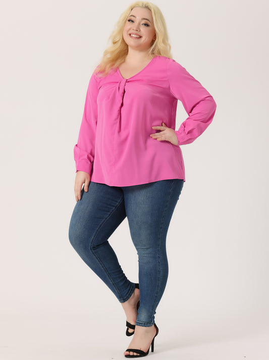 Women's Plus Size Blouses V Neck Twist Knot Button Long Sleeve Top