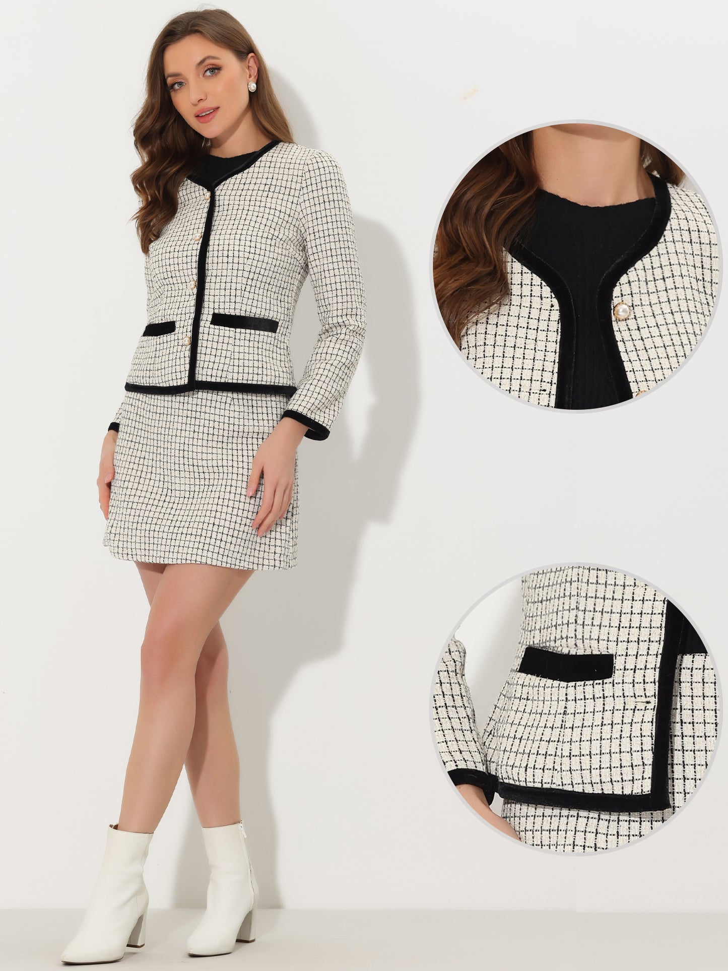 Women's 2 Piece Plaid Tweed Short Blazer Jacket and Skirt Business Suit Set