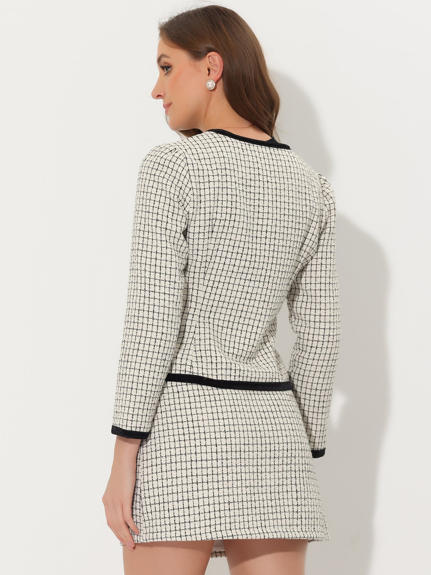 Women's 2 Piece Plaid Tweed Short Blazer Jacket and Skirt Business Suit Set