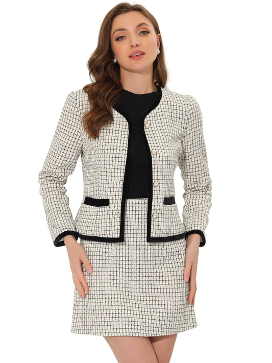 Women's 2 Piece Plaid Tweed Short Blazer Jacket and Skirt Business Suit Set