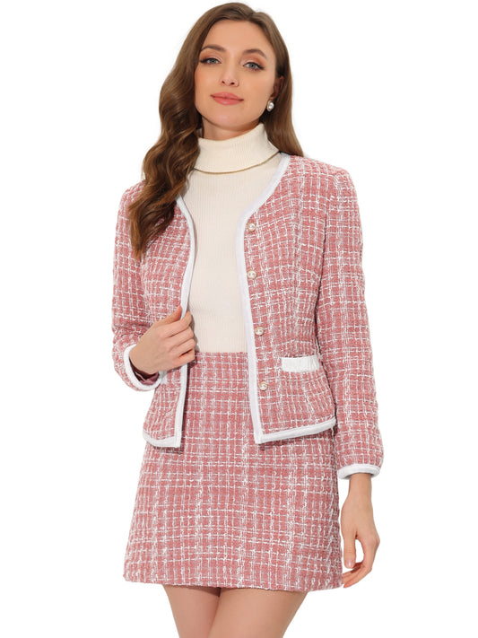Women's 2 Piece Plaid Tweed Short Blazer Jacket and Skirt Business Suit Set