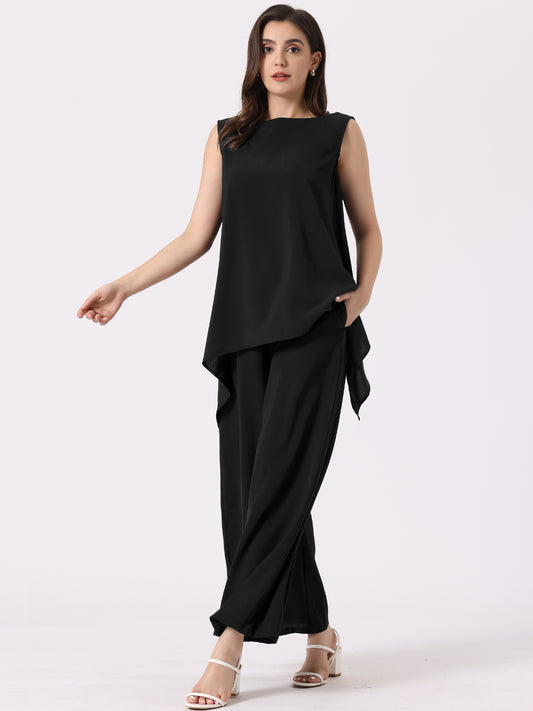 Women's Dressy Pant Suit Sleeveless Tunic Elastic Waist Pant 2 Pieces Set