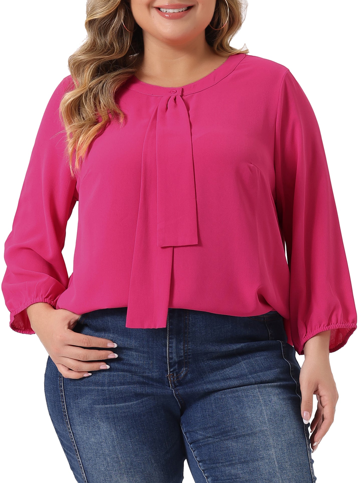 Women Plus Size Top 3/4 Sleeve Work Office Tie Front Ruffle Chiffon Blouse