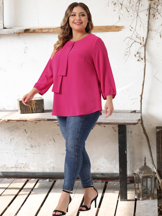 Women Plus Size Top 3/4 Sleeve Work Office Tie Front Ruffle Chiffon Blouse
