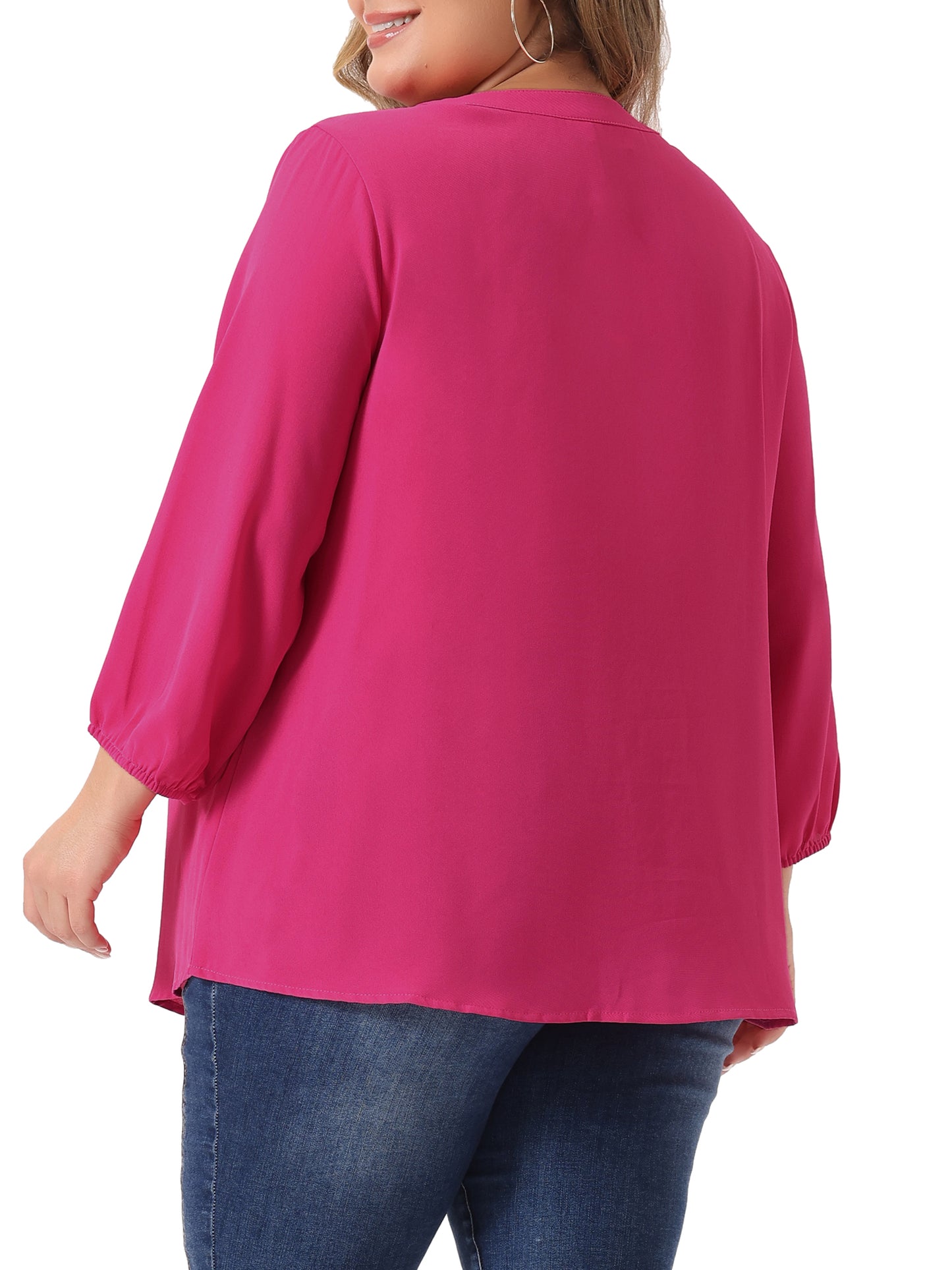 Women Plus Size Top 3/4 Sleeve Work Office Tie Front Ruffle Chiffon Blouse
