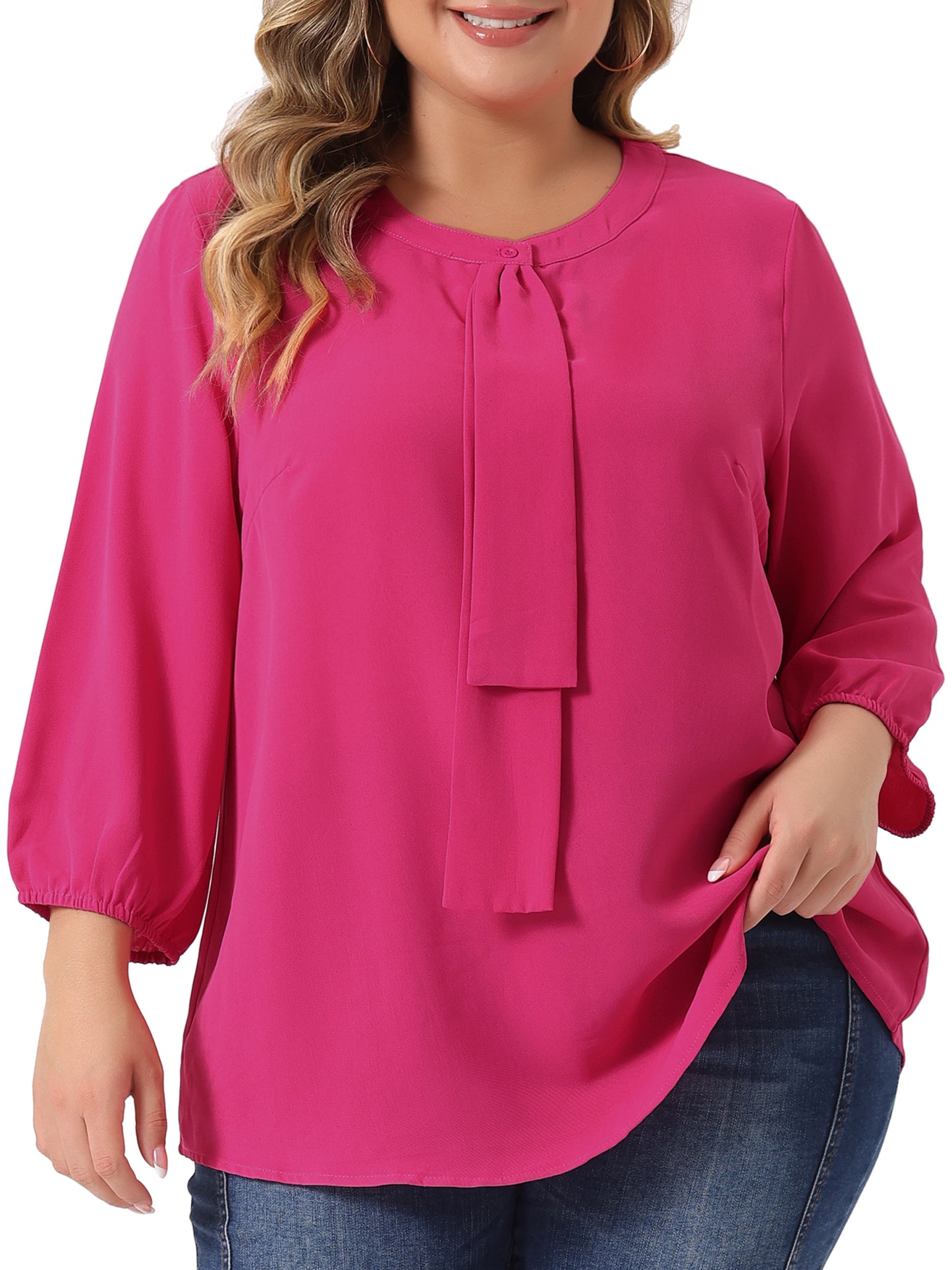 Women Plus Size Top 3/4 Sleeve Work Office Tie Front Ruffle Chiffon Blouse