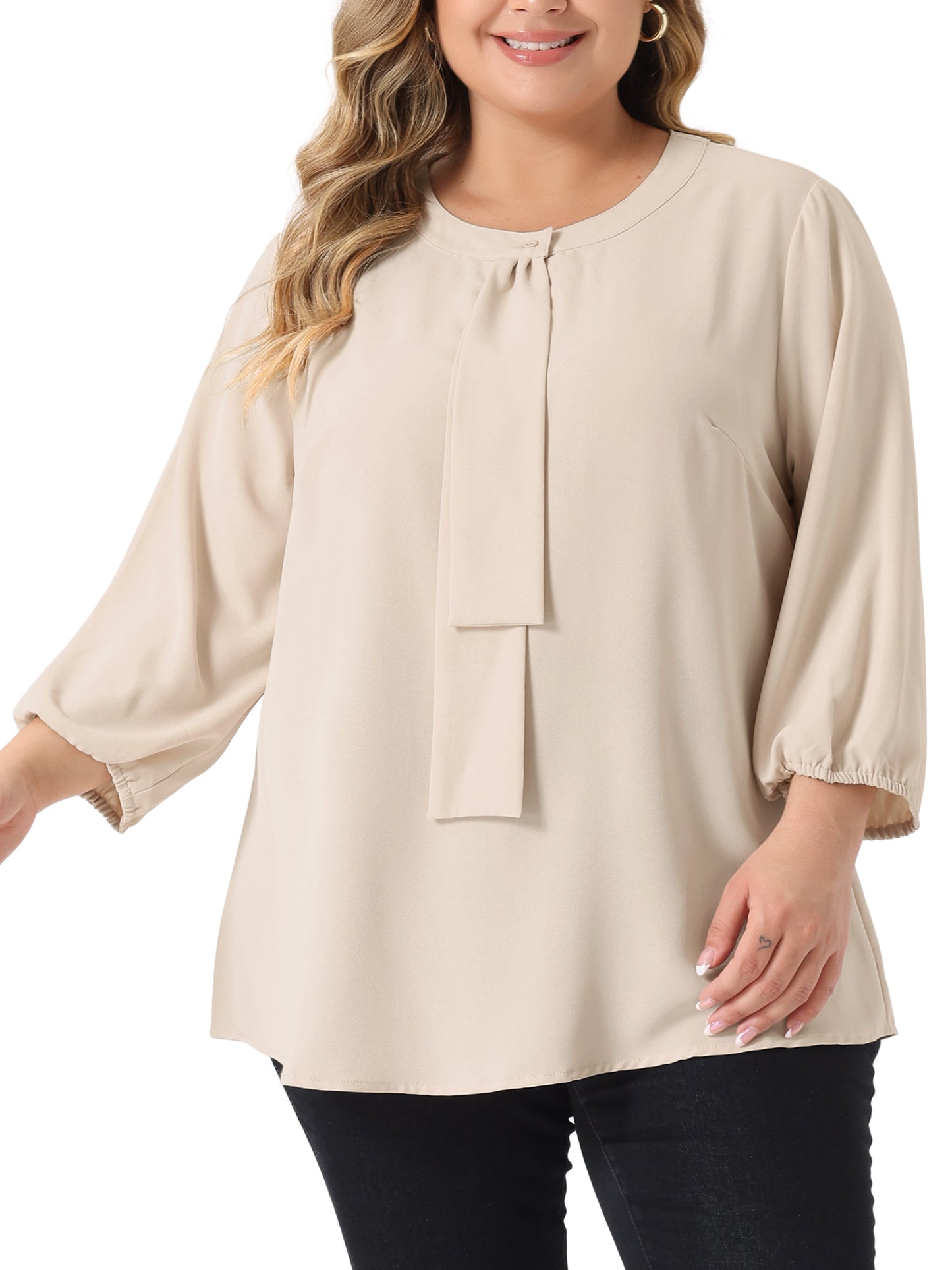 Women Plus Size Top 3/4 Sleeve Work Office Tie Front Ruffle Chiffon Blouse