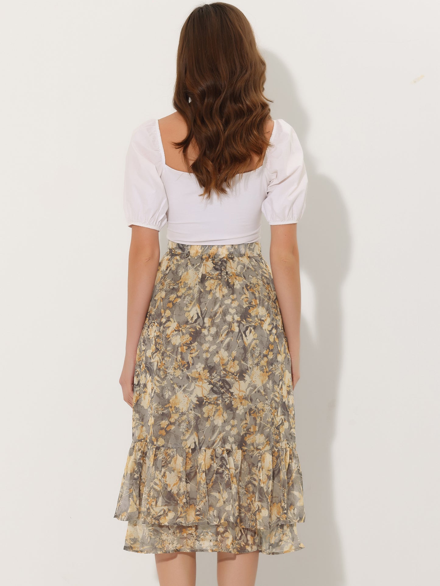 Women's Printed Skirt Summer Chiffon Ruffle Tiered Flowy Midi Skirt