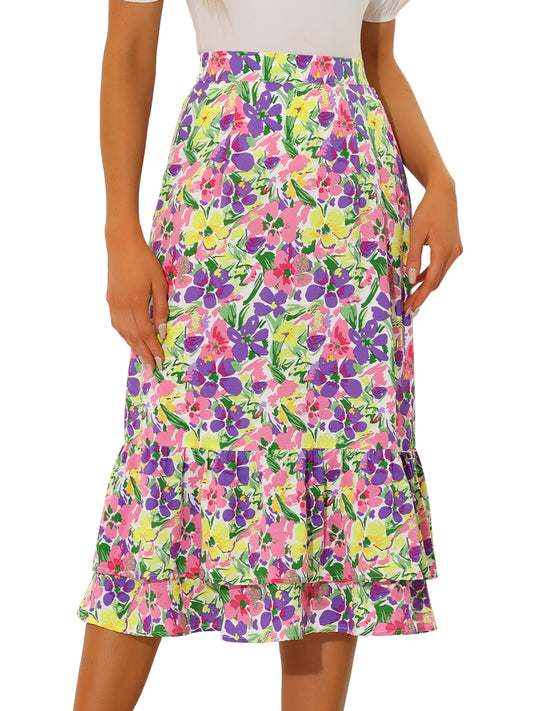 Falda midi holgada de gasa con volantes y estampado de verano para mujer