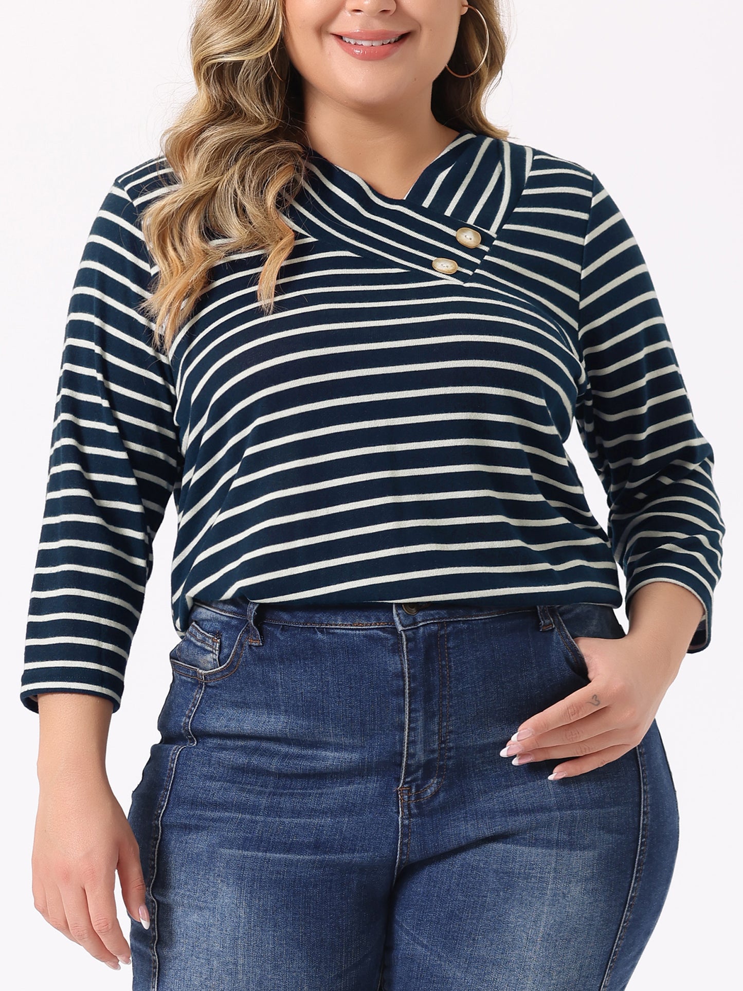 Women Plus Size Top 3/4 Sleeve Knit Striped Boho Asymmetric Neck T-Shirt Blouse