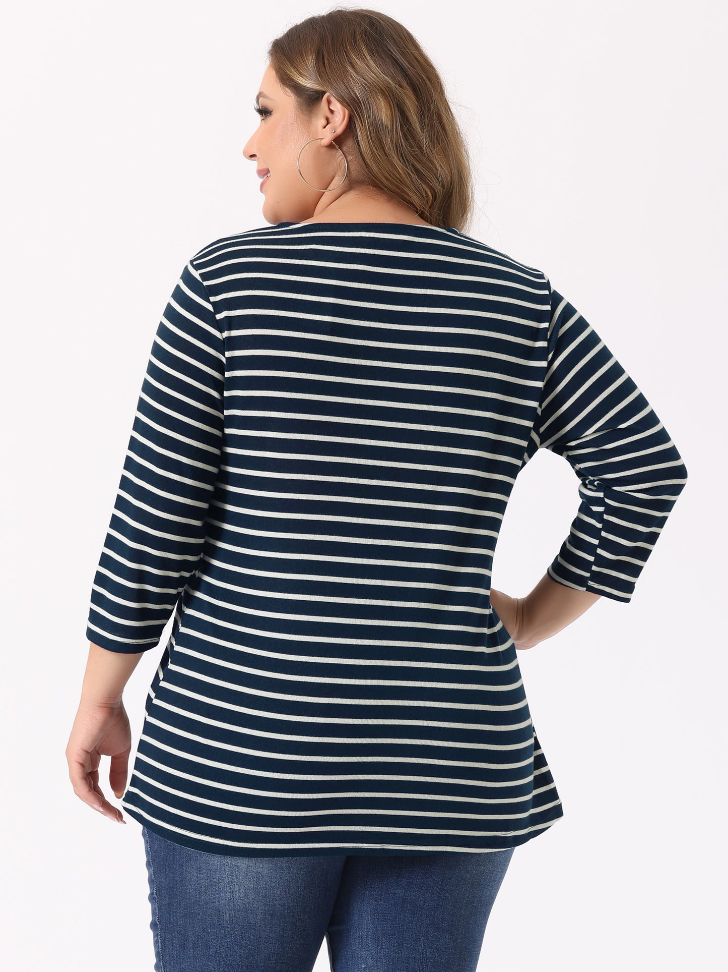 Women Plus Size Top 3/4 Sleeve Knit Striped Boho Asymmetric Neck T-Shirt Blouse