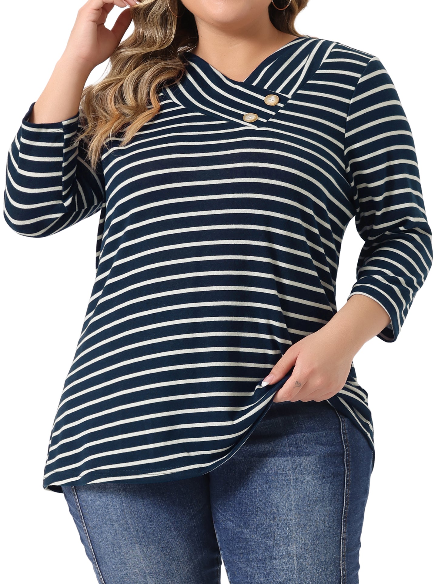 Women Plus Size Top 3/4 Sleeve Knit Striped Boho Asymmetric Neck T-Shirt Blouse
