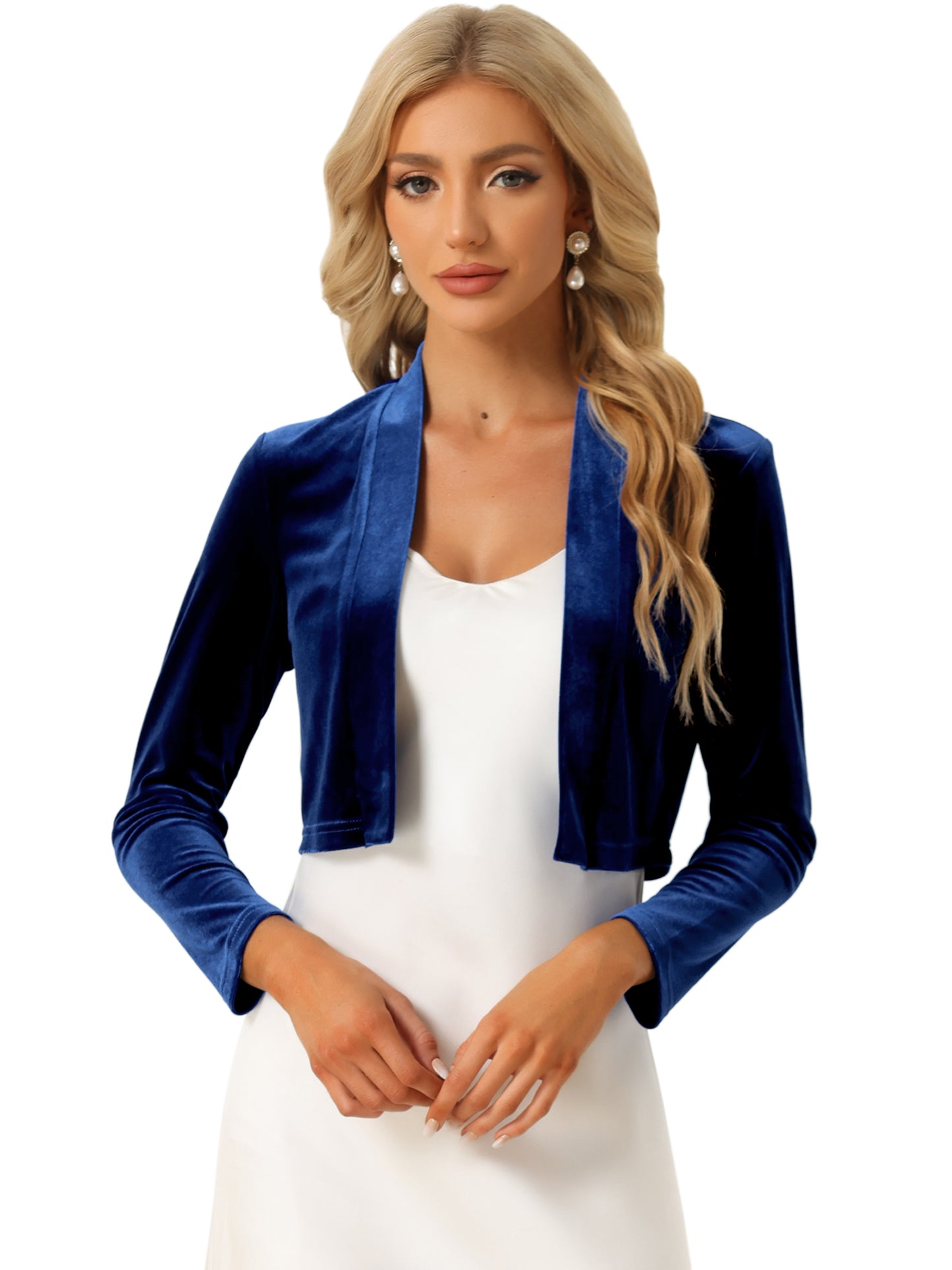 Women's Velvet Shrug Long Sleeve Open Front Cardigan Cocktail Party Cropped Bolero Jacket