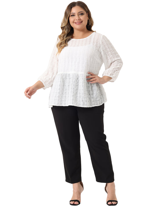 Women Plus Size Babydoll Blouse Round Neck 3/4 Puff Sleeve Tiered Lace Peplum Top