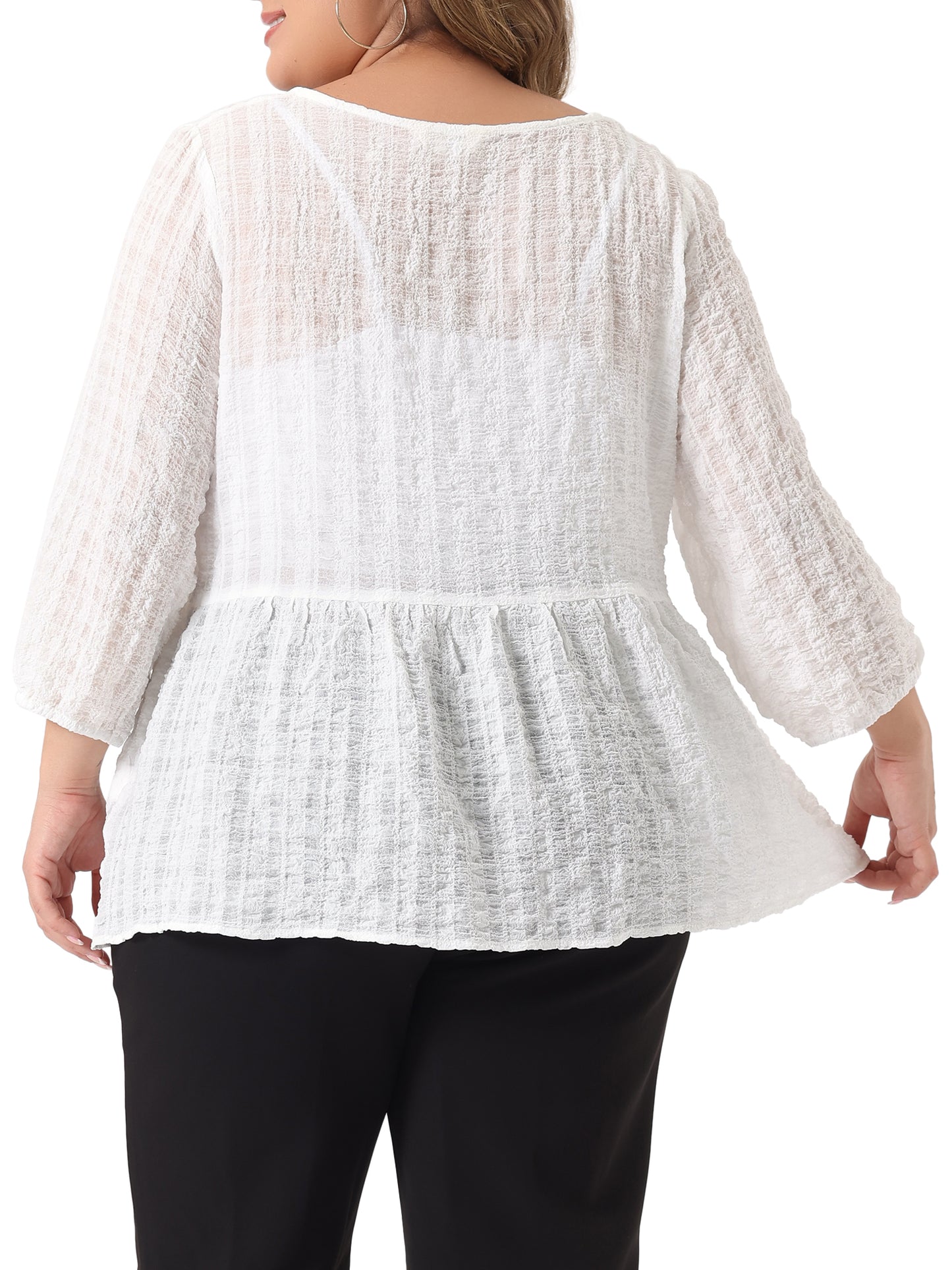 Women Plus Size Babydoll Blouse Round Neck 3/4 Puff Sleeve Tiered Lace Peplum Top